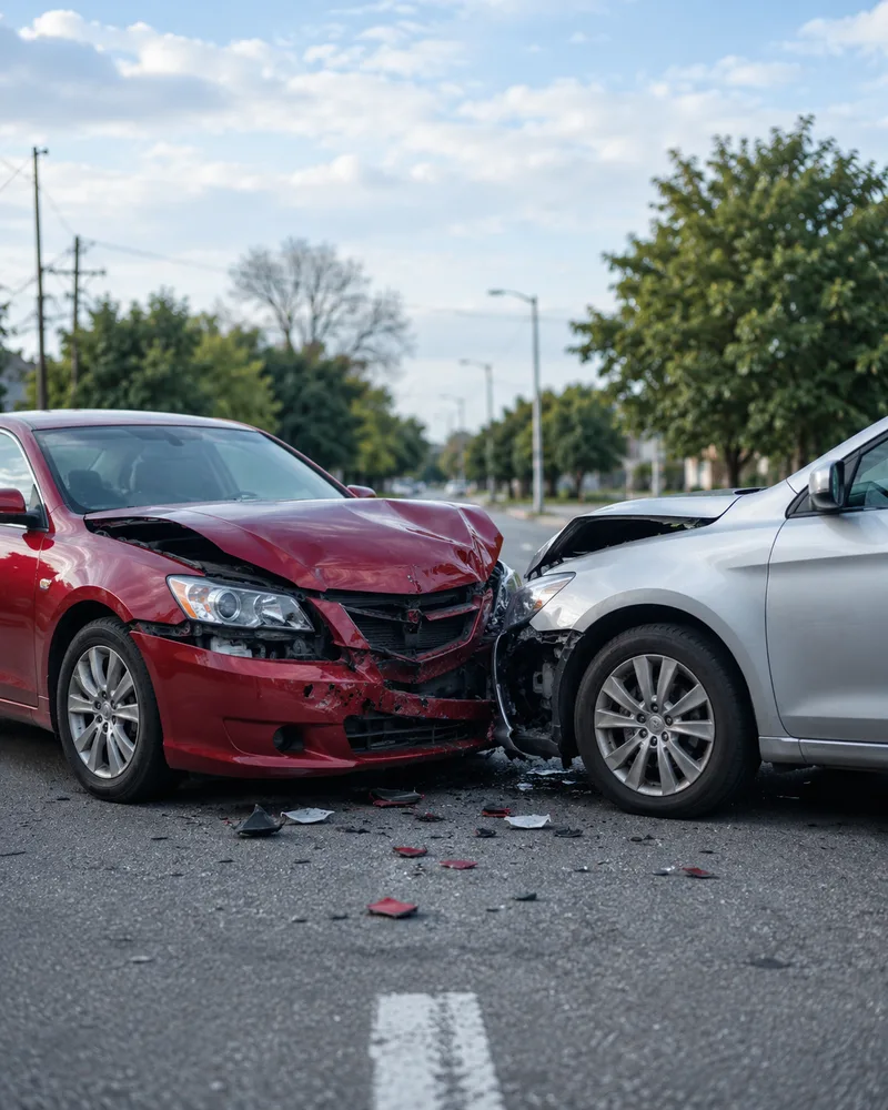 Two cars, red and silver, in a front-end collision on a city street