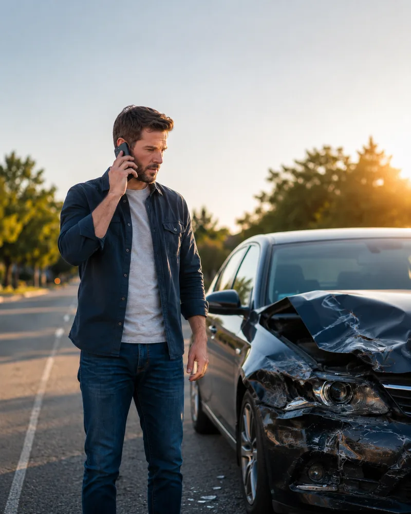 Driver making a phone call beside his damaged black sedan after an accident