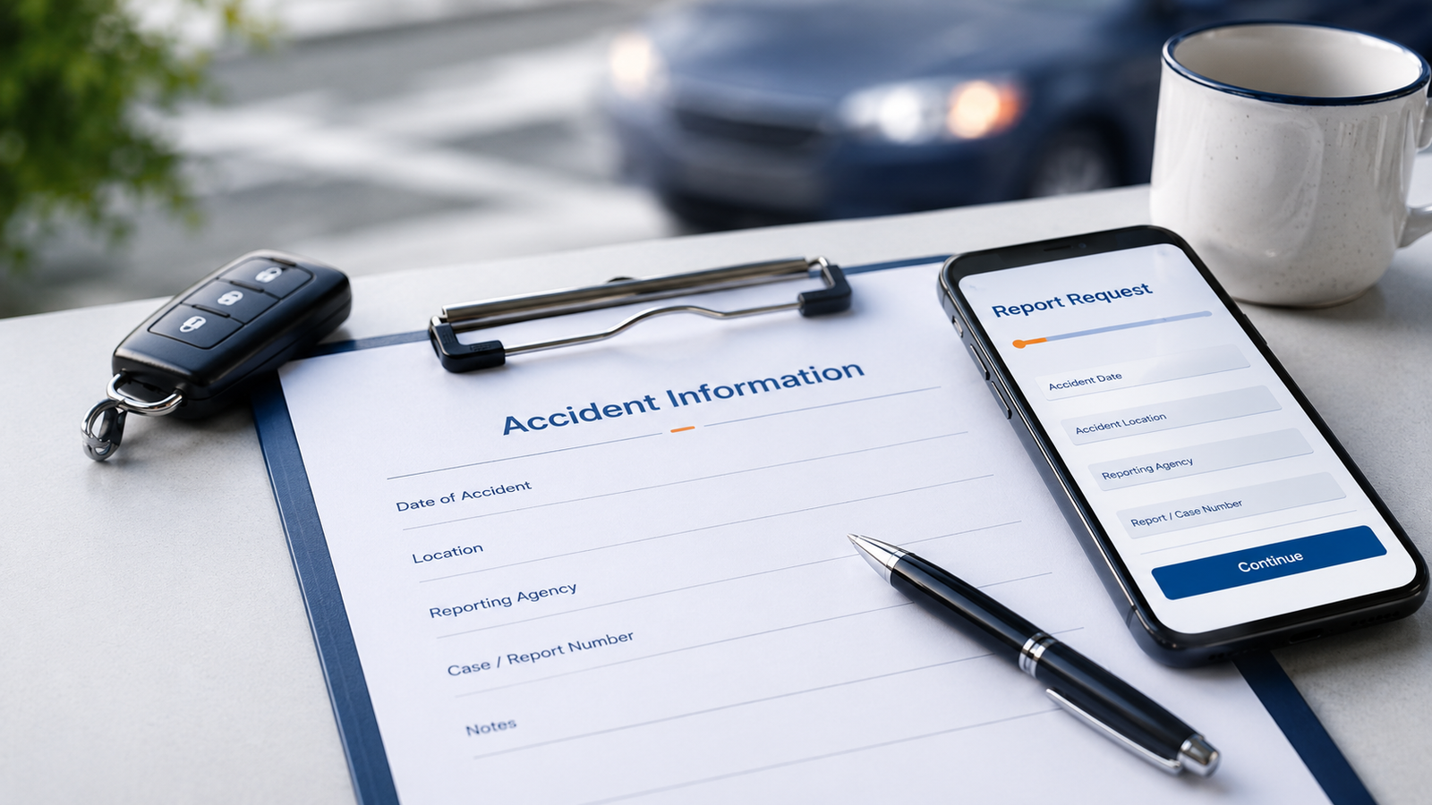 Clipboard with an accident information form beside car keys, a pen, and a phone showing a report request