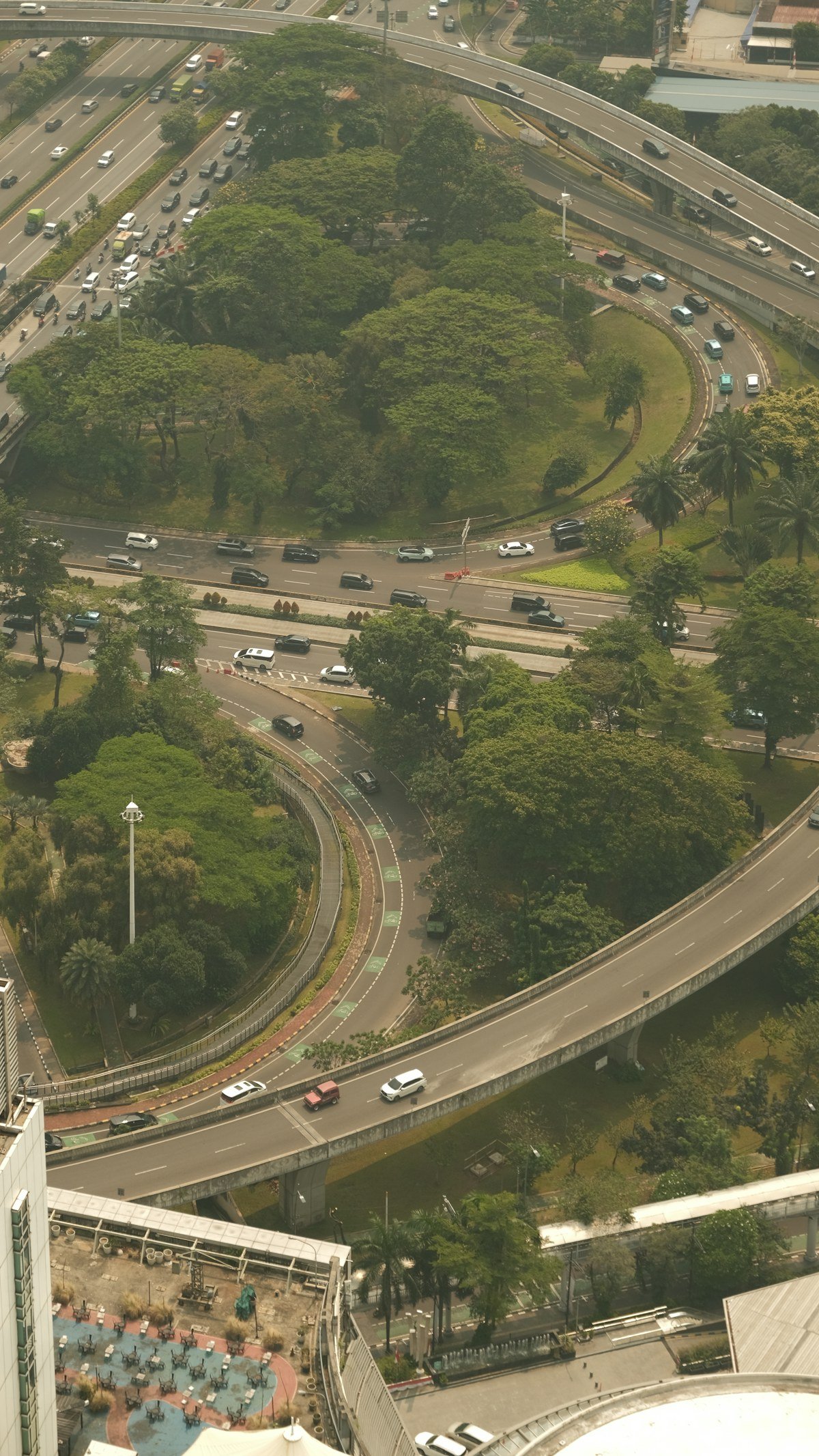 Aerial view of intersecting city highways and traffic